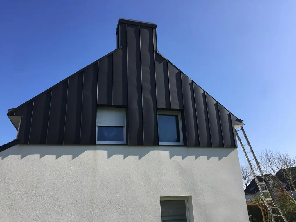 Pignon habillé en zinc, fenêtre centrée, échelle appuyée